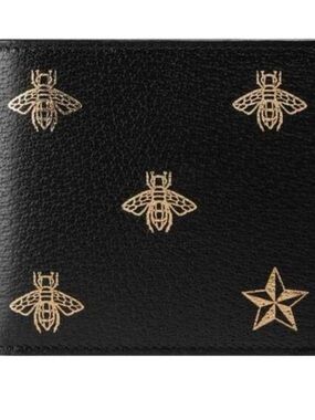 Gucci Men's Black Leather Wallet with Gold Bee Motif